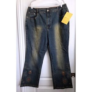 Denim‎ & Co Embroidered Floral Straight Leg Jeans Blue Stretch Womens 2X VTG NWT